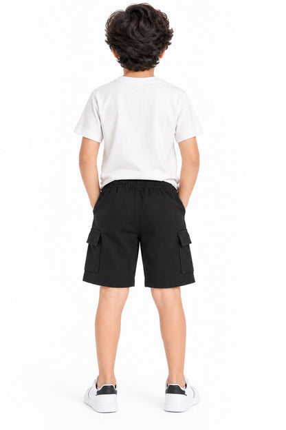 CHILINS Boys Black Cargo Shorts | Drawstring Waist | Side Utility Pockets | Regular Fit | Casual Everyday Wear
