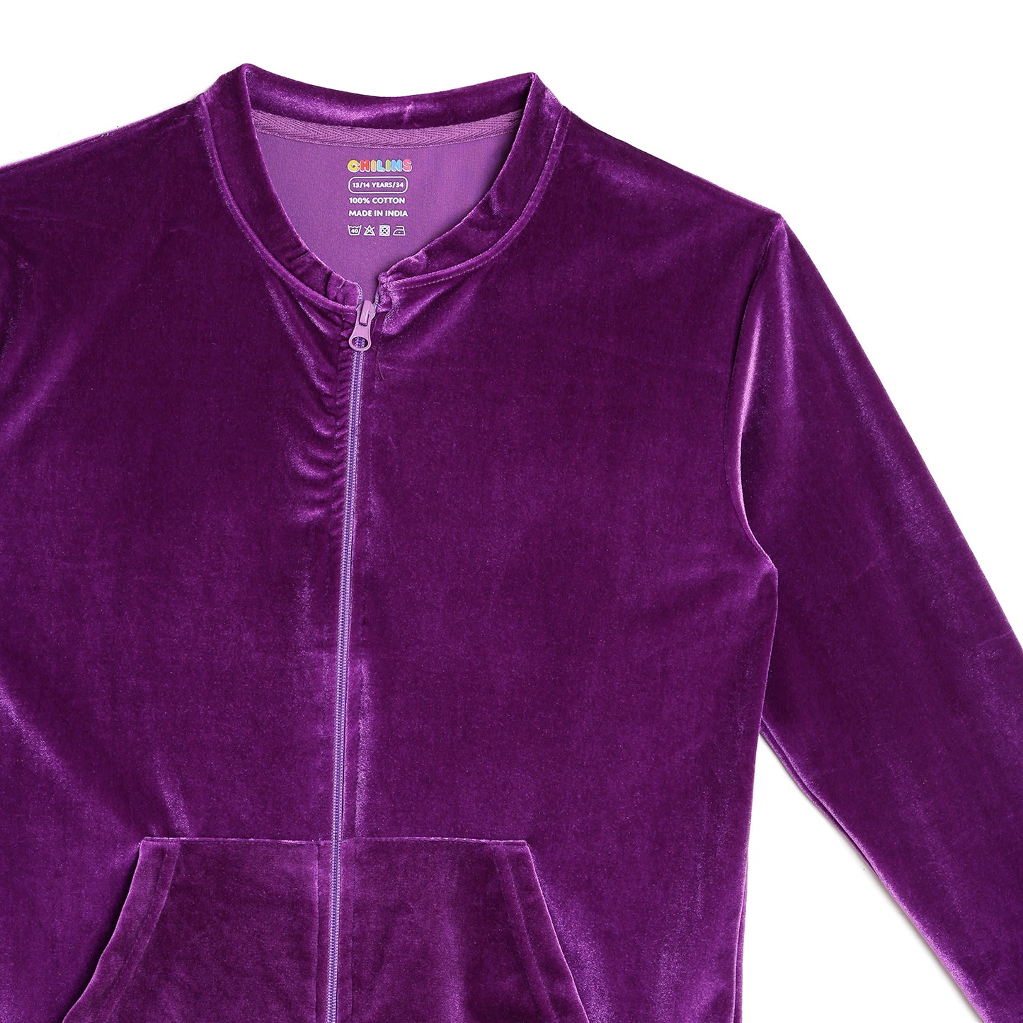 Girls Self Design Velvet Party Jacket with Zipper – Violet (Without Hood)