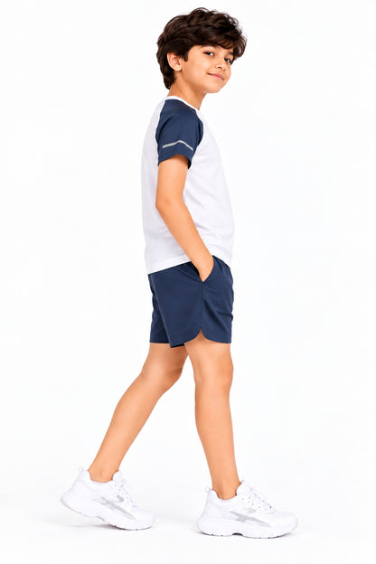 CHILINS Kids White & Navy Blue Sports T-Shirt | Boys & Girls | Raglan Sleeves | Active Wear