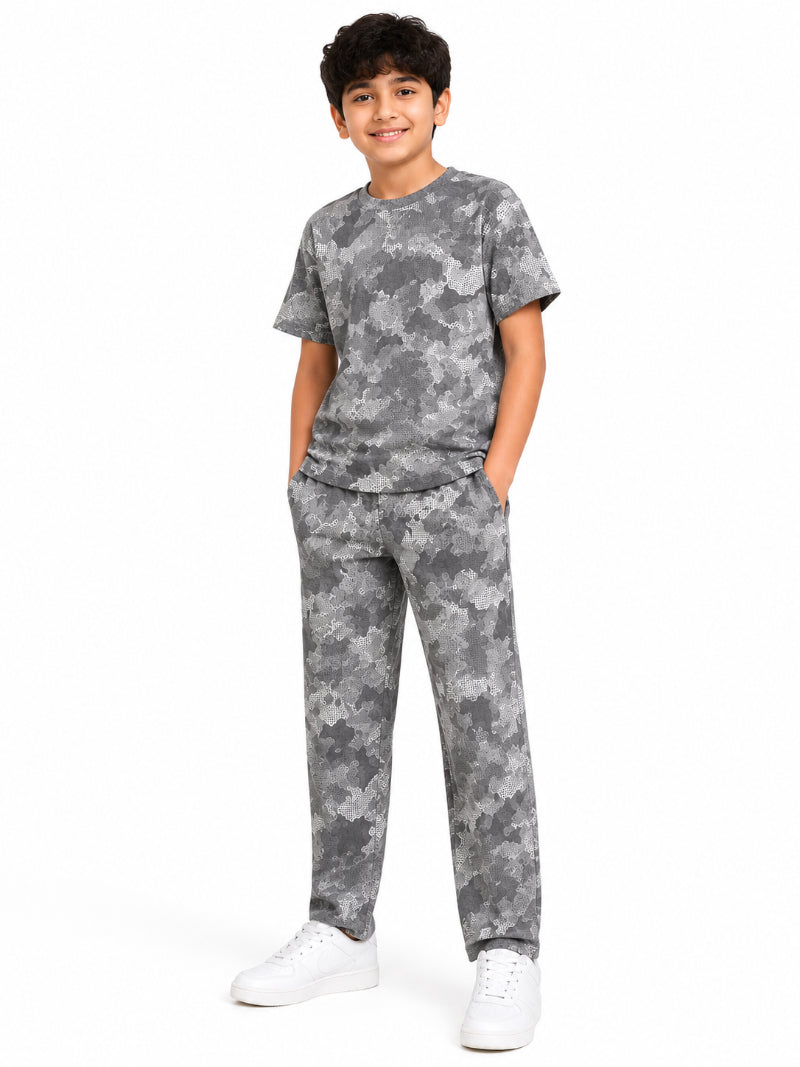 CHILINS Kids Grey Printed T-Shirt & Straight Fit Pants Co-Ord Set – Boys & Girls Casual Wear