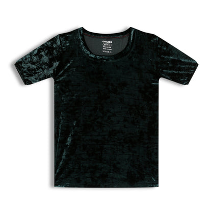 CHILINS Girls Velvet Top | Dark Green Short Sleeve Party Wear Top