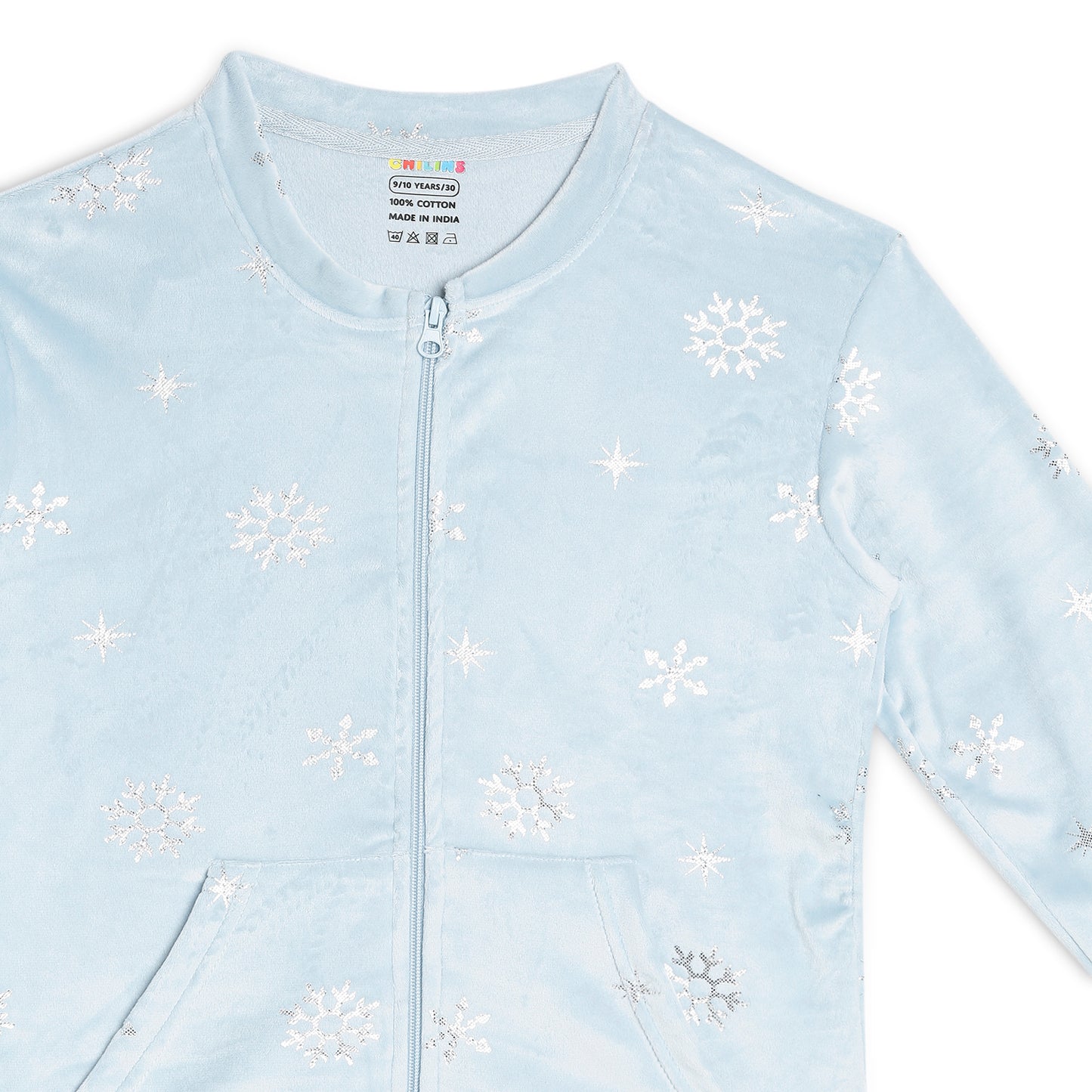 Girls Self Design Velvet Party Jacket with Zipper – Light Blue (Without Hood)