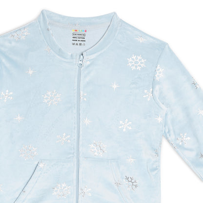 Girls Self Design Velvet Party Jacket with Zipper – Light Blue (Without Hood)