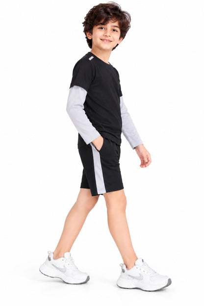 CHILINS Kids Black & Grey Sports T-Shirt | Boys & Girls | Layered Sleeve Design | Active Wear