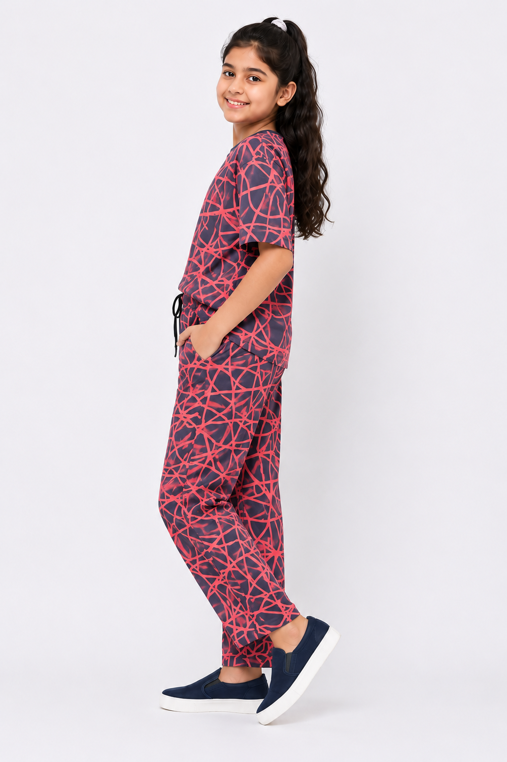 CHILINS Girls Red & Black Printed T-Shirt & Palazzo Pants Co-Ord Set – Casual Wear