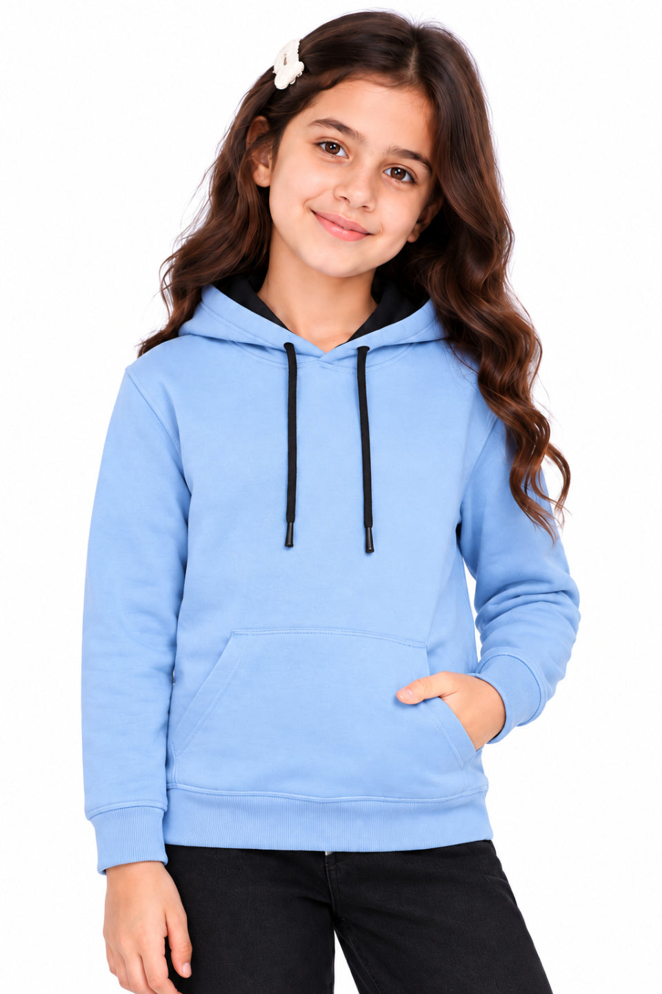 CHILNS Girls & Boys Light Blue Hooded Sweatshirt | Full Sleeves | Kangaroo Pocket | Drawstring Hood | Regular Fit