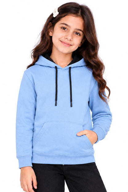 CHILNS Girls & Boys Light Blue Hooded Sweatshirt | Full Sleeves | Kangaroo Pocket | Drawstring Hood | Regular Fit