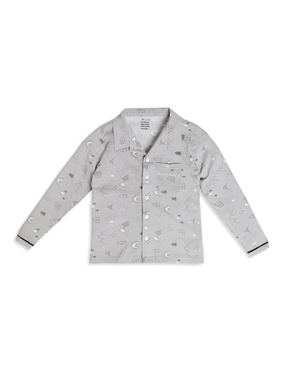 CHILINS Boys Grey Printed Night Suit Set | Pure Cotton Full Sleeve Shirt & Pyjama Sleepwear