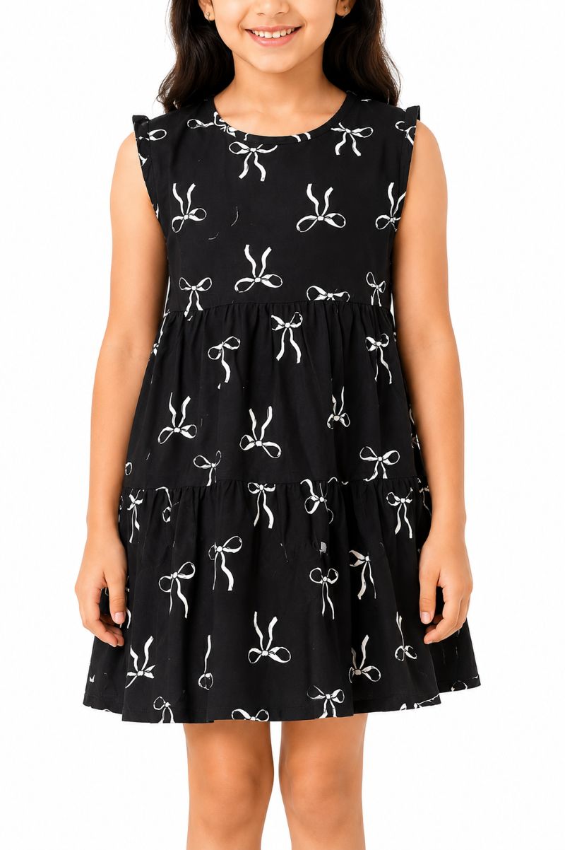 CHILINS Girls Black Bow Print Tiered Sleeveless Dress