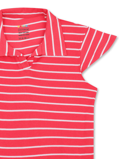 CHILINS Girls Pure Cotton Ribbed Casual Dress – Red & White Striped