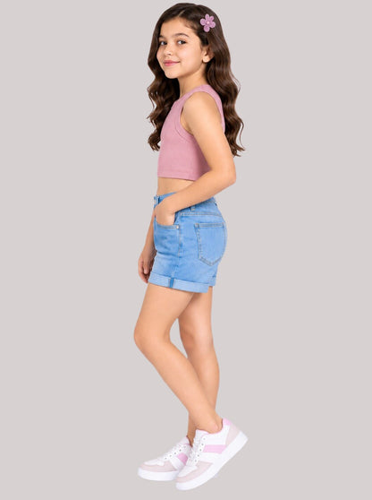 CHILINS Girls Cotton Pink Ribbed Sleeveless Crop Top