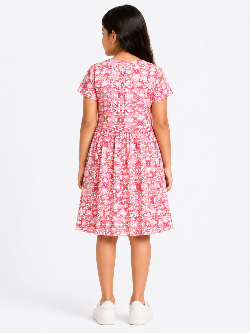 CHILINS Girls Pink Printed Cotton Frock Dress