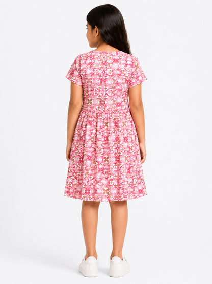 CHILINS Girls Pink Printed Cotton Frock Dress