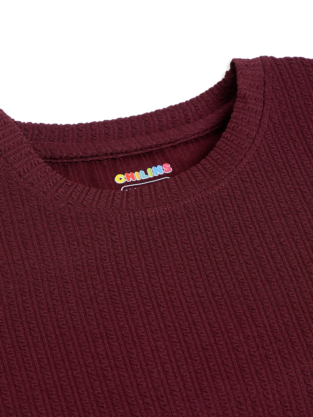 CHILINS Kids Maroon Textured T-Shirt | Polyester Blended Ribbed Casual Top for Boys & Girls