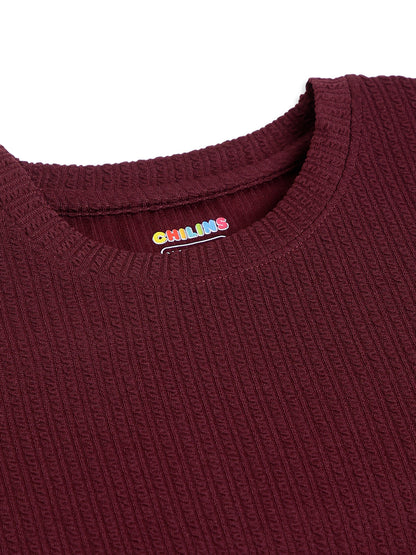 CHILINS Kids Maroon Textured T-Shirt | Polyester Blended Ribbed Casual Top for Boys & Girls