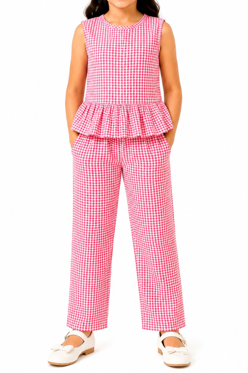 CHILINS Girls Pink & White Gingham Check Ruffle Top with Pants Set