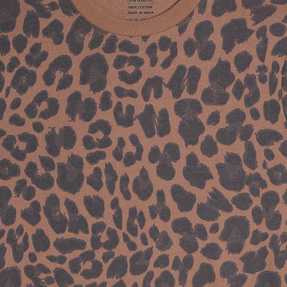 Girls Fleece Printed Round Neck Sweatshirt | Black Brown Animal Print