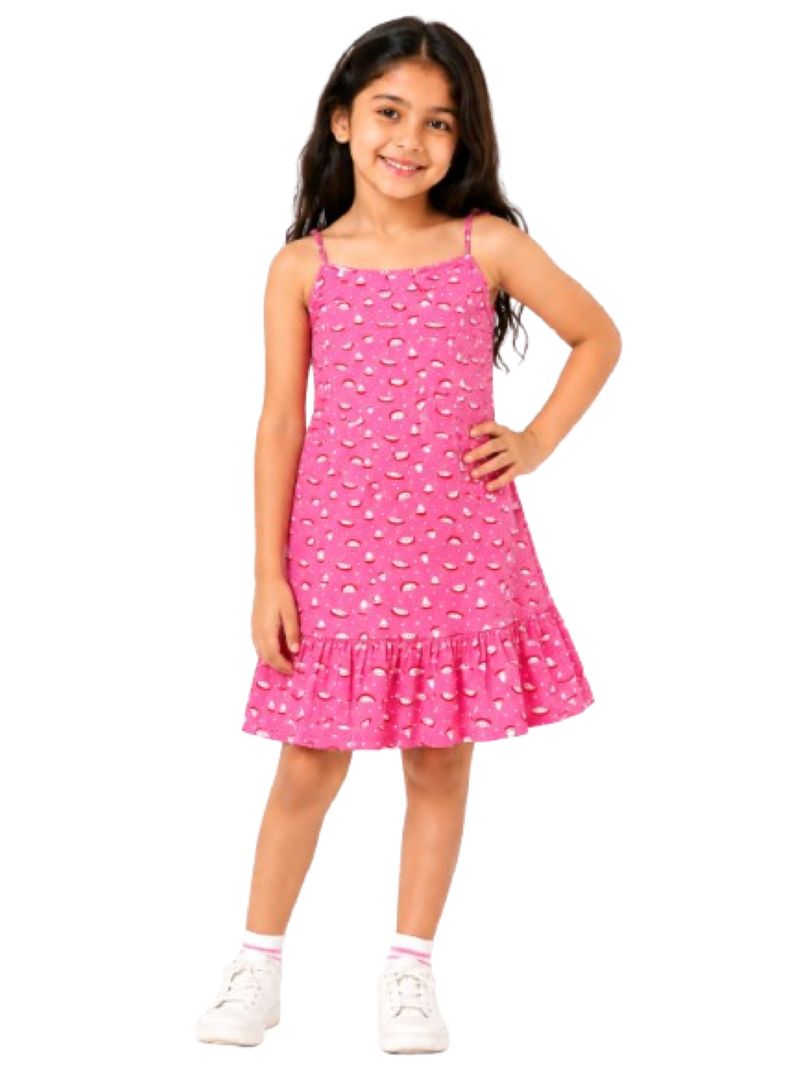 CHILINS Girls Pink Printed Dress | Sleeveless Strappy Casual Dress with Ruffle Hem