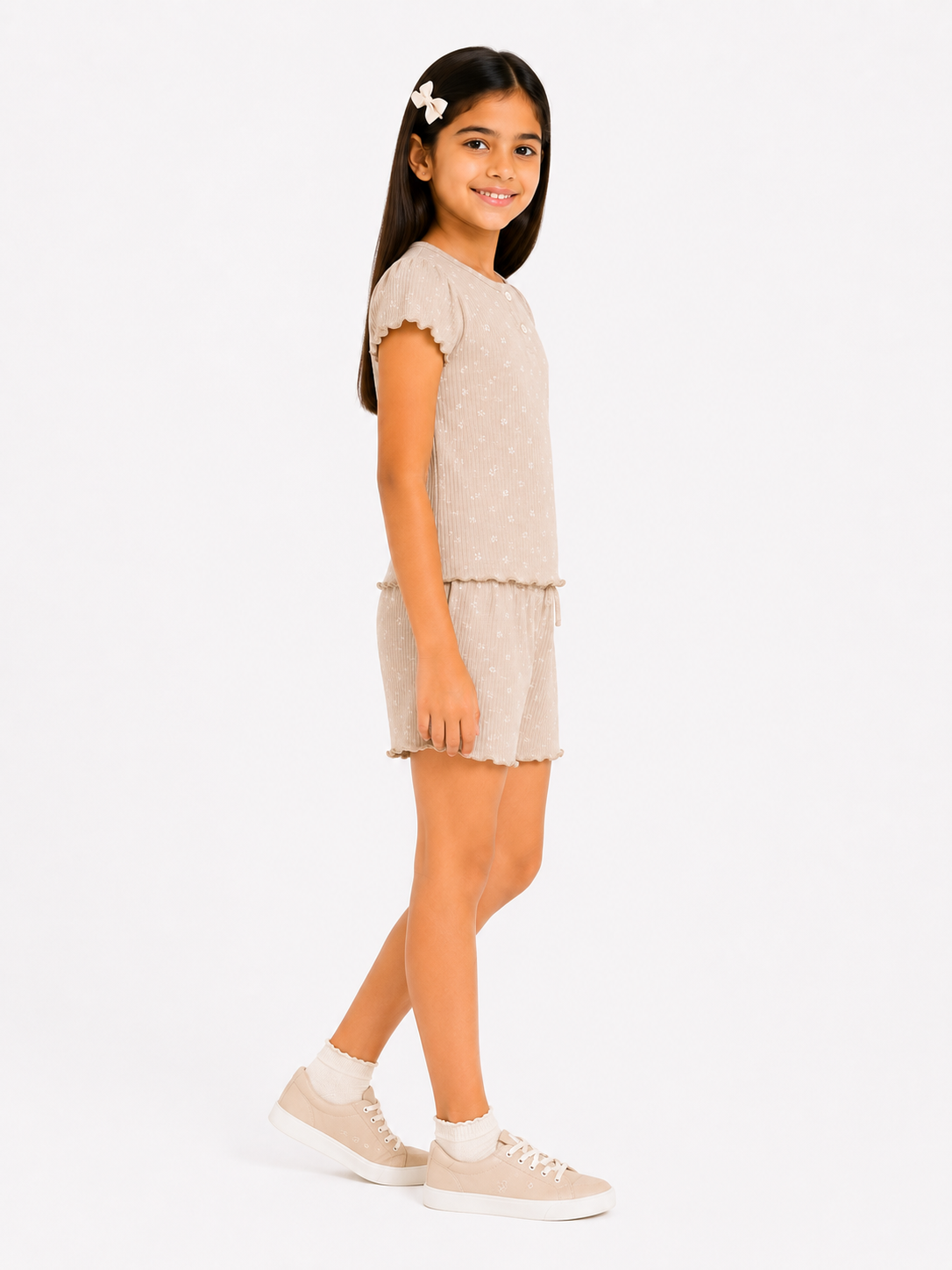 CHILINS Girls Beige Printed Top & Shorts Co-Ord Set