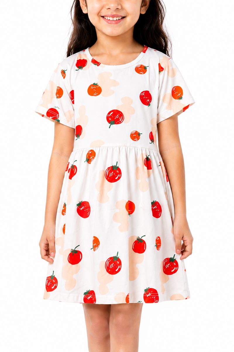 CHILINS Girls White Tomato Print Short Sleeve Dress