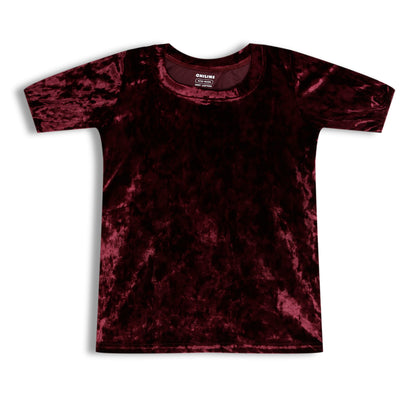 CHILINS Girls Velvet Top | Maroon Short Sleeve Party Wear Top