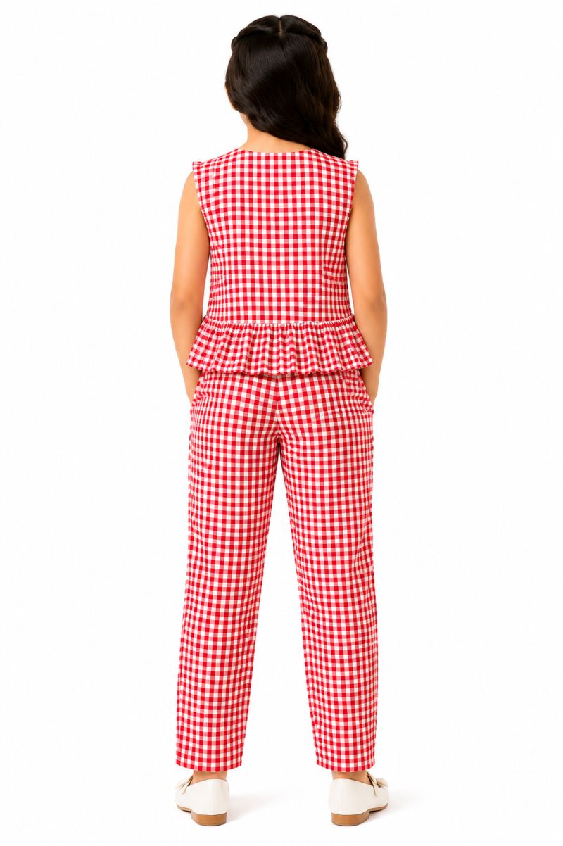 CHILINS Girls Red & White Gingham Check Ruffle Top with Pants Set