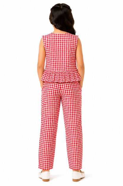 CHILINS Girls Red & White Gingham Check Ruffle Top with Pants Set