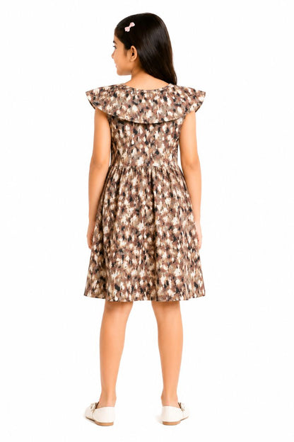 CHILINS Girls Cotton Gray Printed Flutter Sleeve Dress