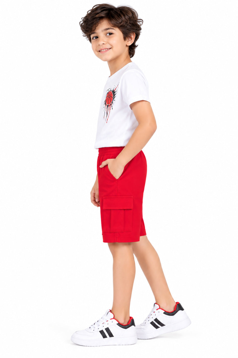 CHILINS Boys Red Cargo Shorts | Casual Knee-Length Shorts with Utility Pockets