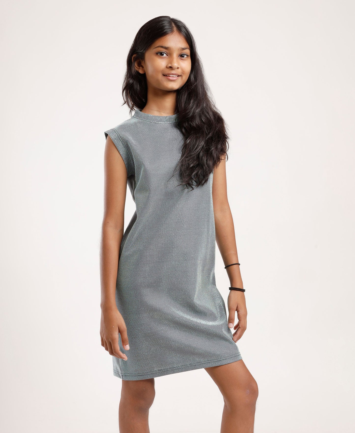 Girls Knee-Length Grey Shift Dress | Sleeveless Stylish Casual & Festive Wear
