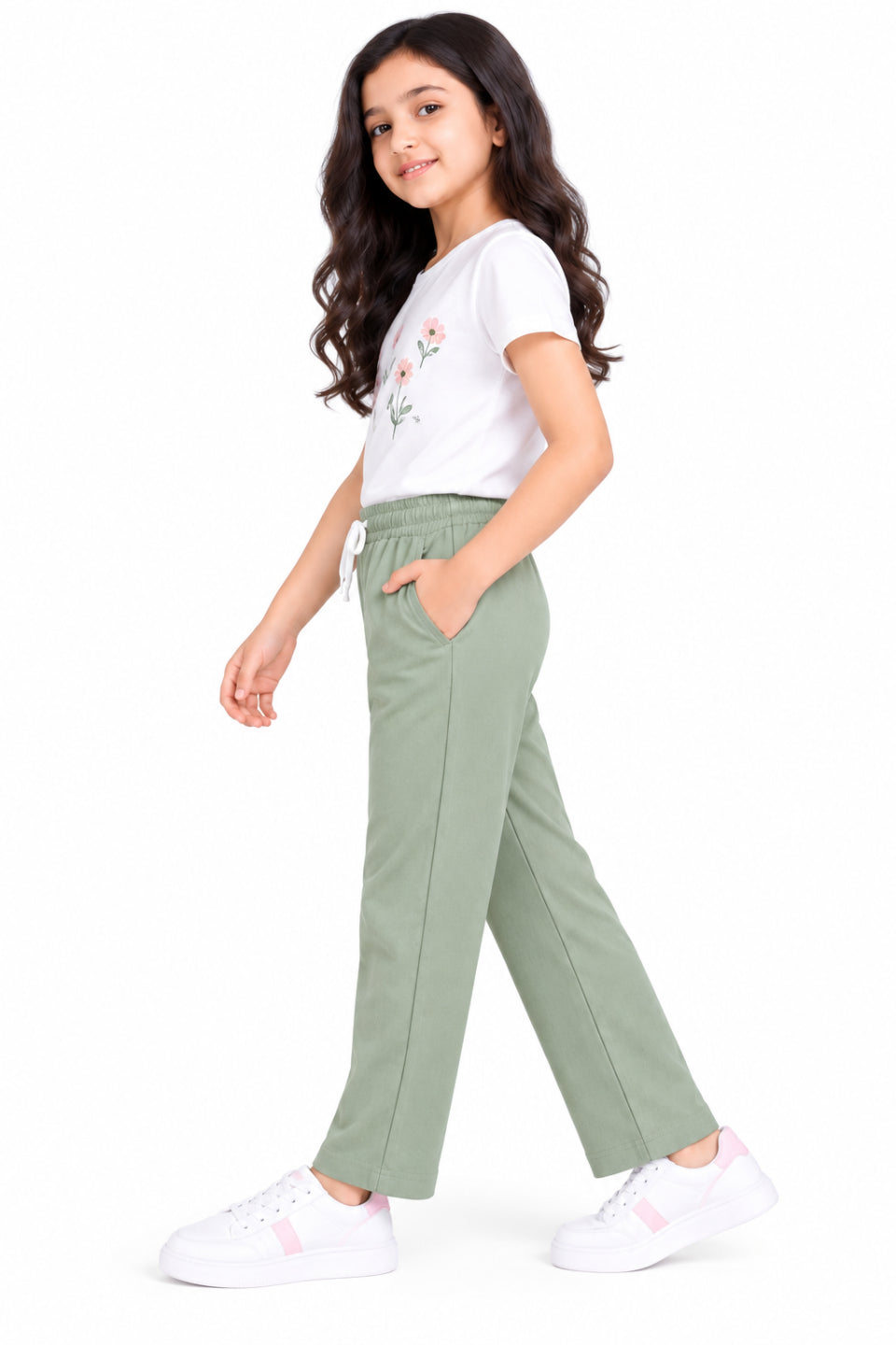 CHILINS Girls Green Cotton Track Pants | Wide-Leg Trousers with Drawstring Waist