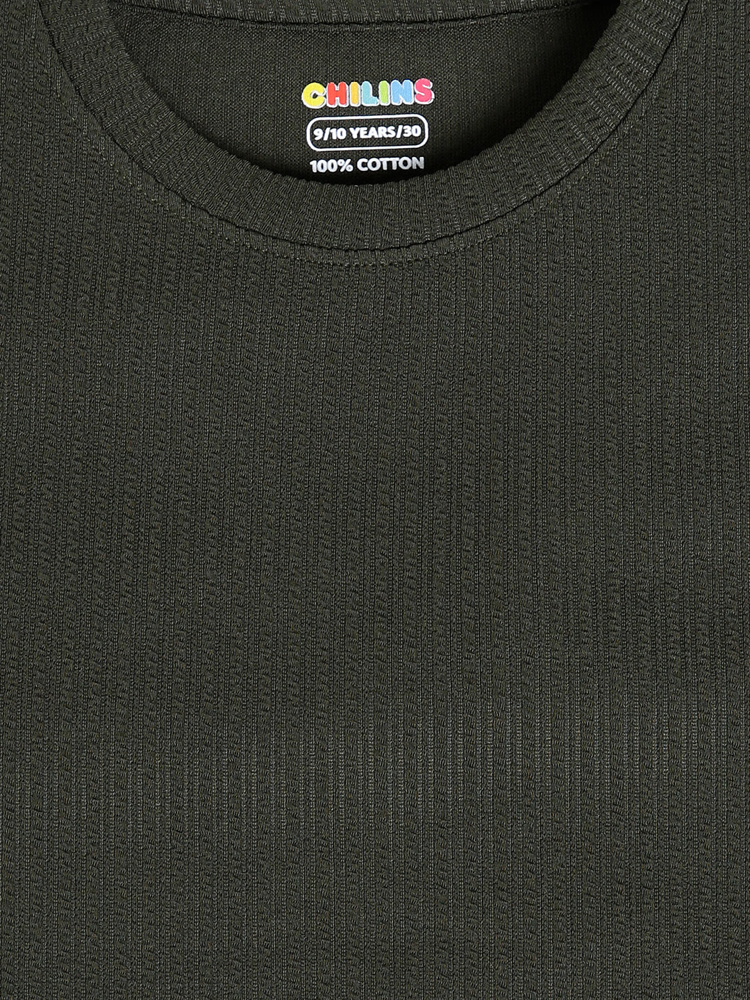 CHILINS Kids Olive Green Textured T-Shirt | Polyester Blended Ribbed Casual Top for Boys & Girls