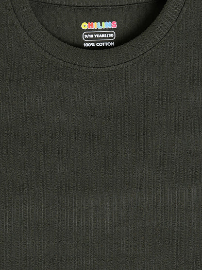 CHILINS Kids Olive Green Textured T-Shirt | Polyester Blended Ribbed Casual Top for Boys & Girls