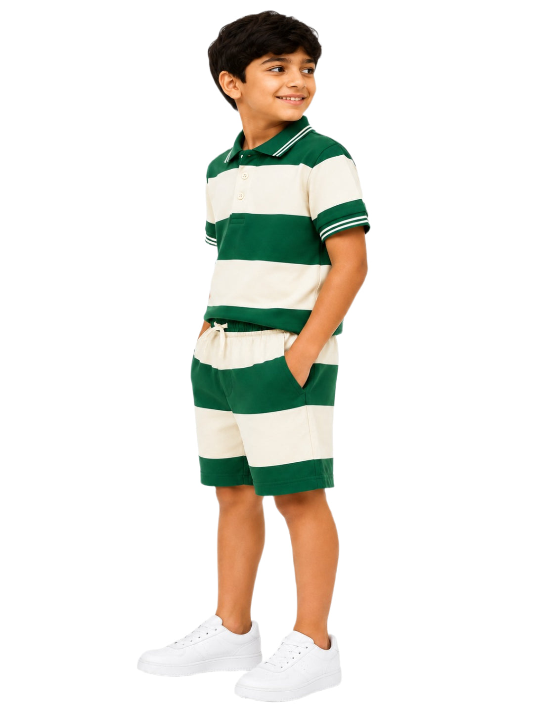 CHILINS Boys Green & White Striped Polo T-Shirt & Shorts Set