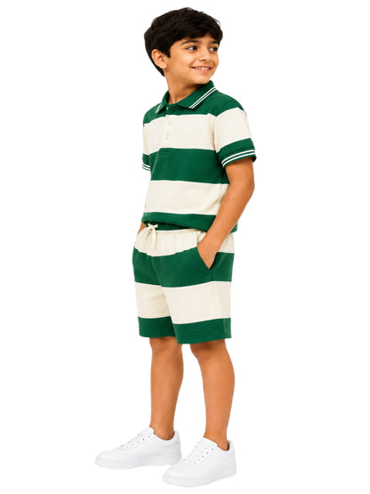 CHILINS Boys Green & White Striped Polo T-Shirt & Shorts Set