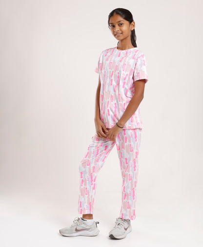 Printed Girls Half Sleeves Pyjama Set - Coord set -Pink Night suit
