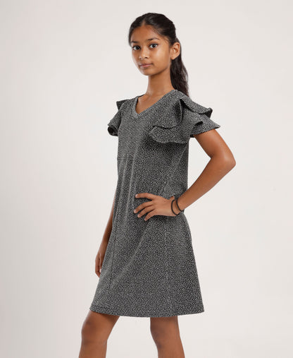 Girls’ Black Printed V-Neck Casual Dress – Soft & Comfortable Short Sleeve A-Line Dress for Everyday Wear