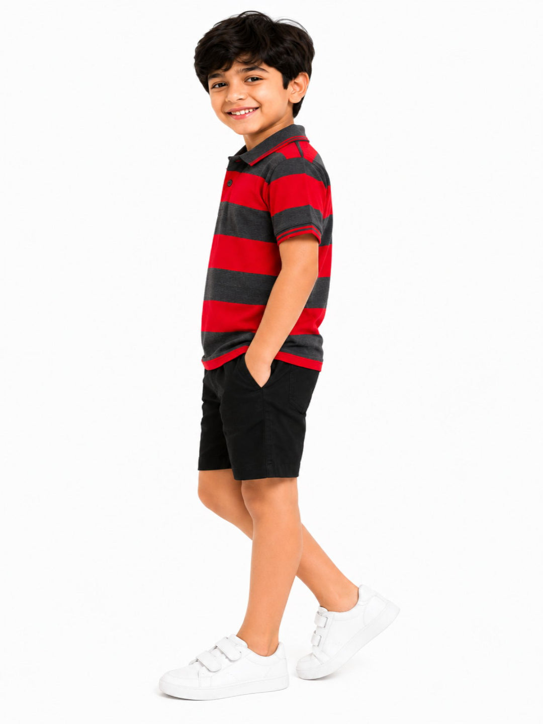 CHILINS Unisex Kids Red & Grey Striped Polo T-Shirt