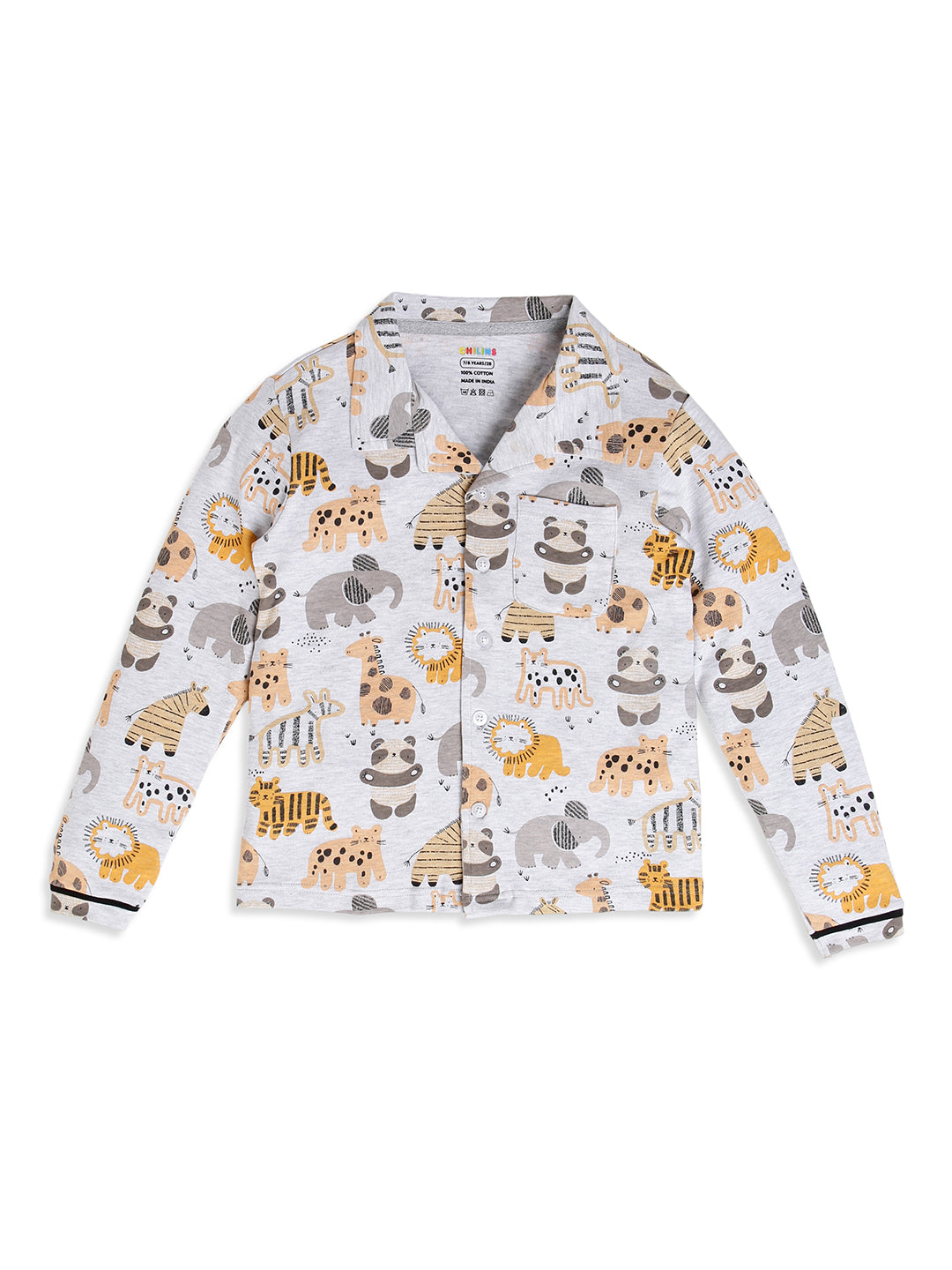 CHILINS Boys Jungle Animal Print Night Suit Set | 100% Pure Cotton Full Sleeve Shirt & Pyjama