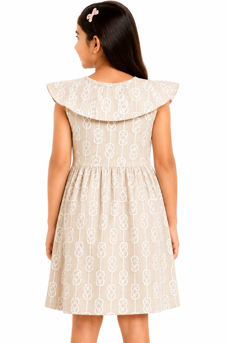 CHILINS Girls Beige Printed Flutter Sleeve Dress