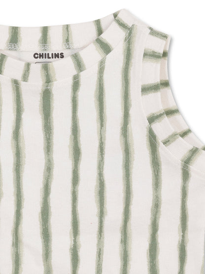 CHILINS Girls White Green Ribbed Cotton Crop Top Stylish & Comfortable Kidswear