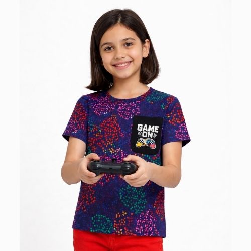 CHILINS Girls Cotton Printed T-Shirt with Game Patch – Casual Everyday Wear