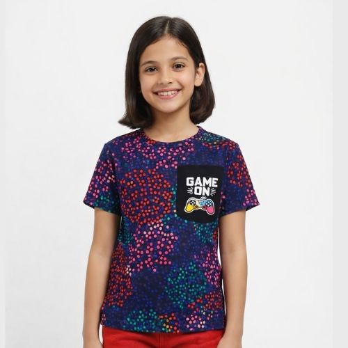 CHILINS Girls Cotton Printed T-Shirt with Game Patch – Casual Everyday Wear