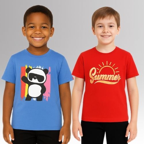 Round Neck Printed Super Combed Cotton T-shirt, (Pack of 2)