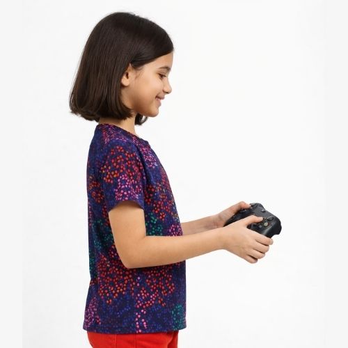 CHILINS Girls Cotton Printed T-Shirt with Game Patch – Casual Everyday Wear