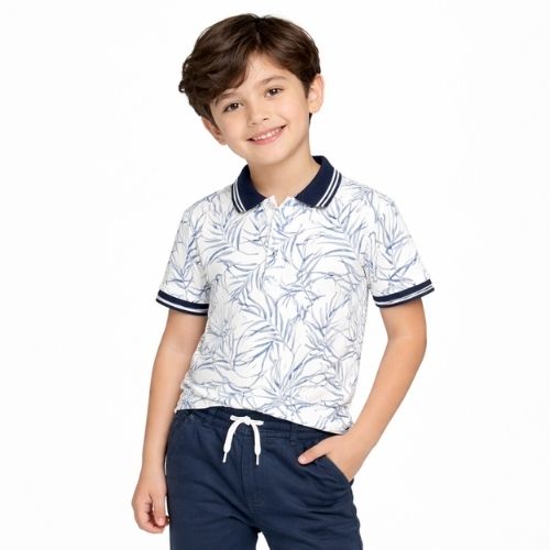 CHILINS Boys Printed Cotton Polo T-Shirt – Casual Leaf Print Tee