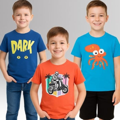 Round Neck Printed Super Combed Cotton T-shirt, (Pack of 3)