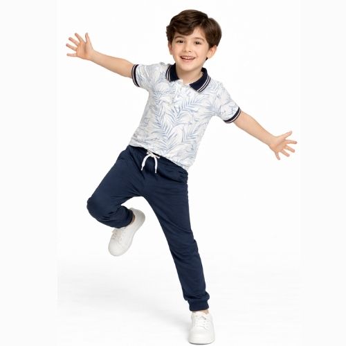 CHILINS Boys Printed Cotton Polo T-Shirt – Casual Leaf Print Tee
