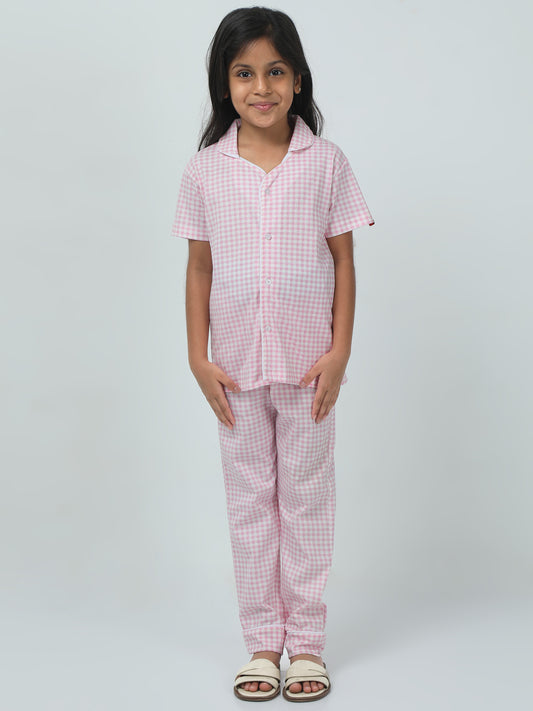 Baby Pink Cotton Printed Girls Night Suit
