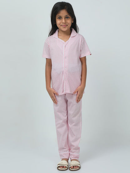 Baby Pink Cotton Printed Girls Night Suit